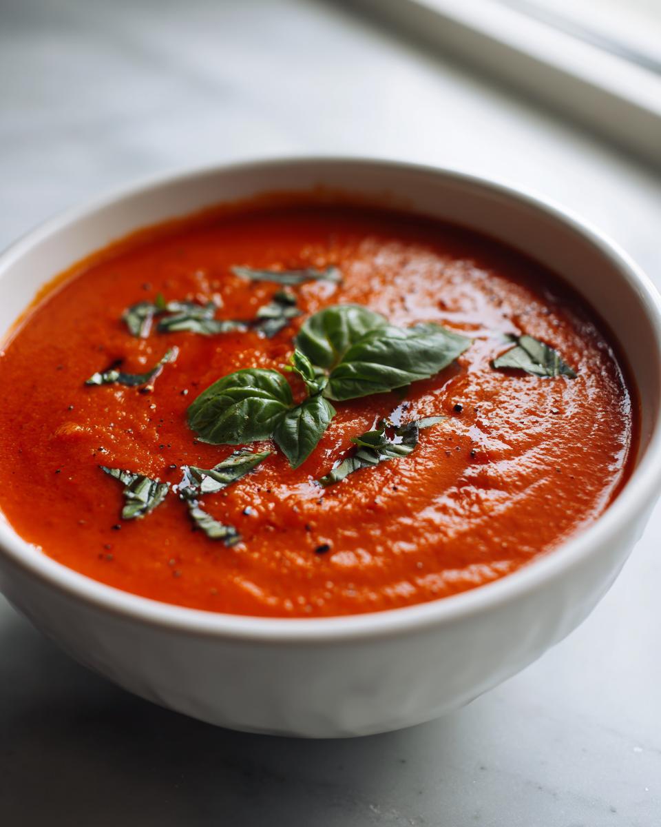 Close-up of a rich, vibrant red bowl of tomato basil soup garnished with fresh basil leaves and cracked black pepper.