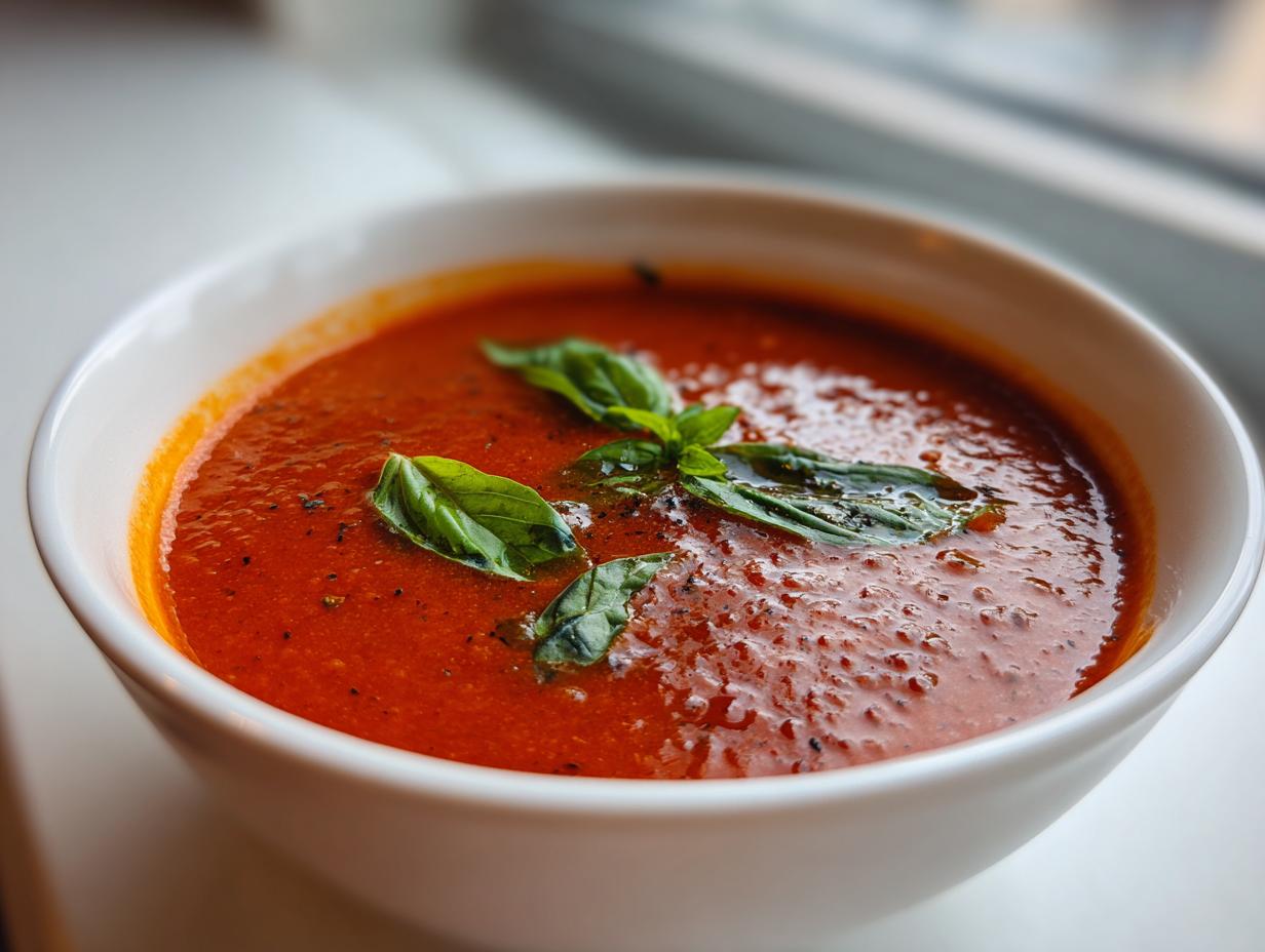 A close-up of a vibrant red bowl of homemade tomato basil soup garnished with fresh basil leaves.