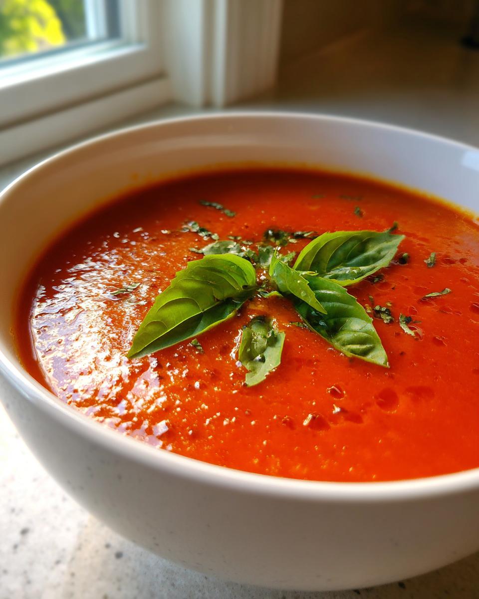 Close-up of a vibrant red bowl of tomato basil soup garnished with fresh basil leaves.