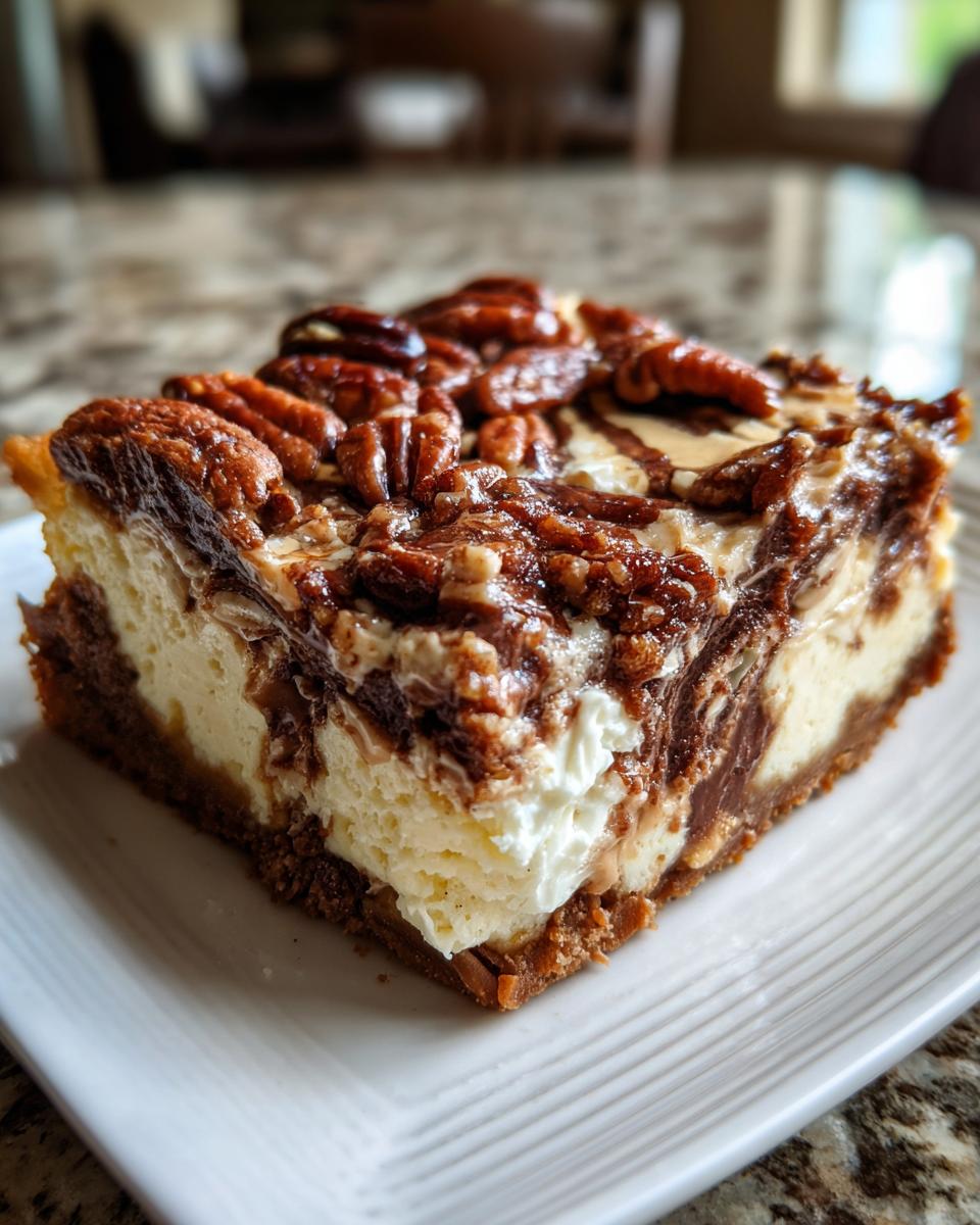A thick, creamy slice of turtle cheesecake topped with pecans, caramel, and chocolate swirl.