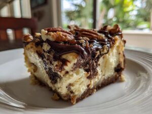 A decadent slice of turtle cheesecake topped with chocolate drizzle and pecans on a white plate.