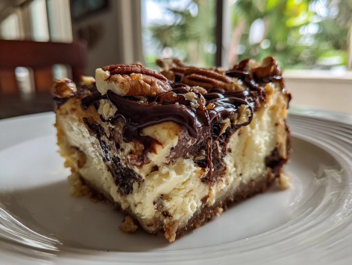 A decadent slice of turtle cheesecake topped with chocolate drizzle and pecans on a white plate.