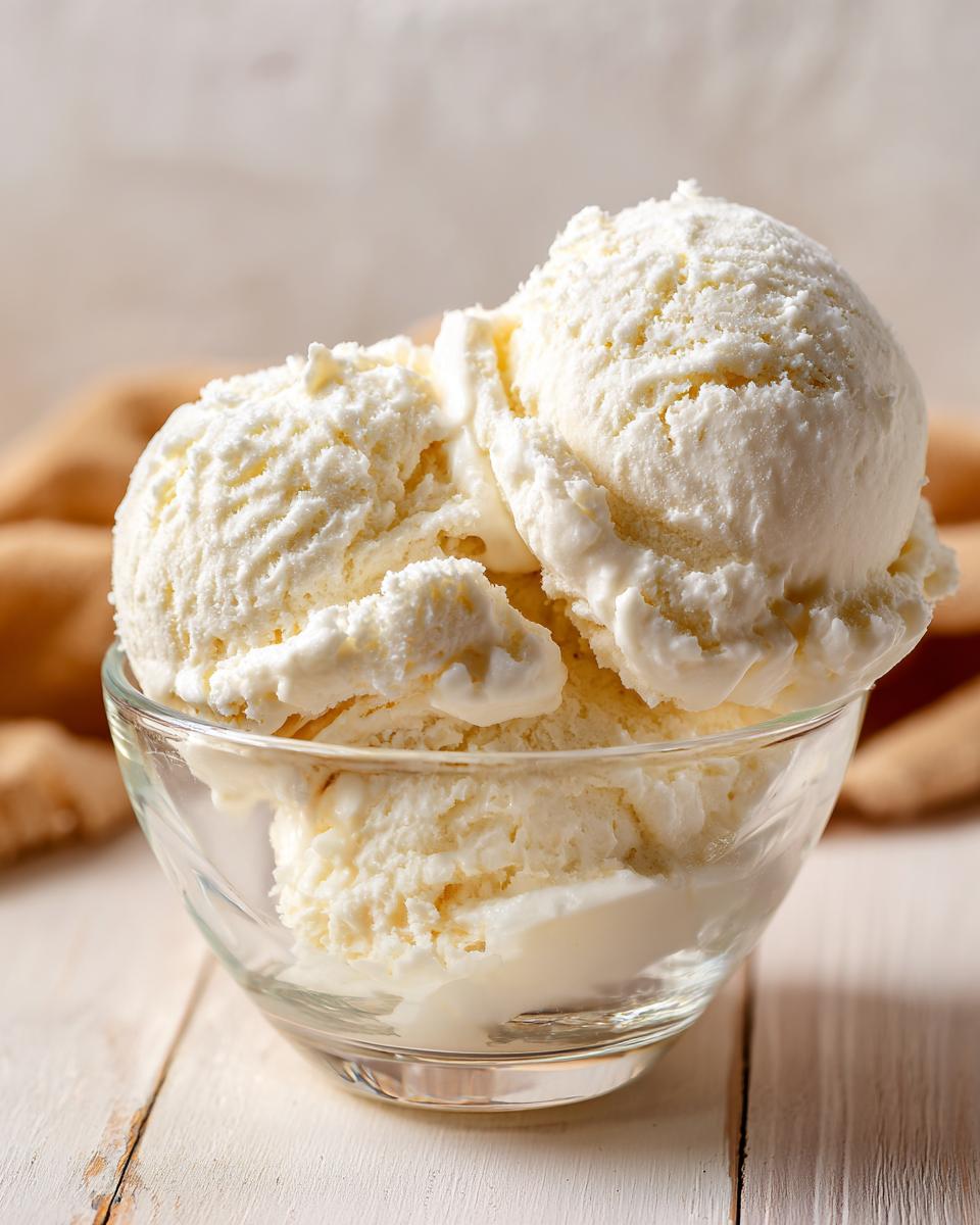 Three scoops of creamy white protein ice cream served in a clear glass bowl on a white wooden surface.