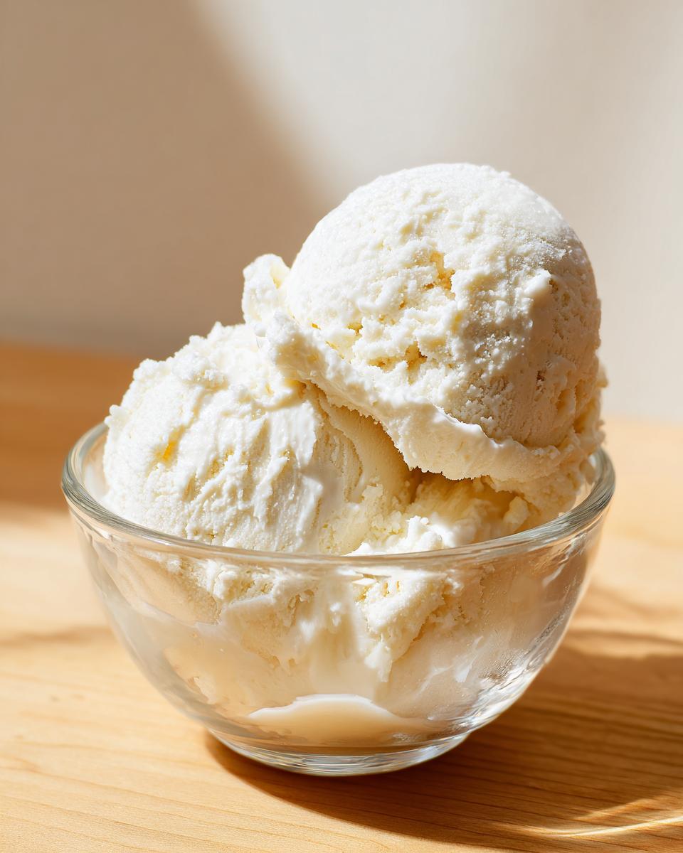 Two scoops of creamy white protein ice cream melting slightly in a clear glass bowl on a wooden surface.