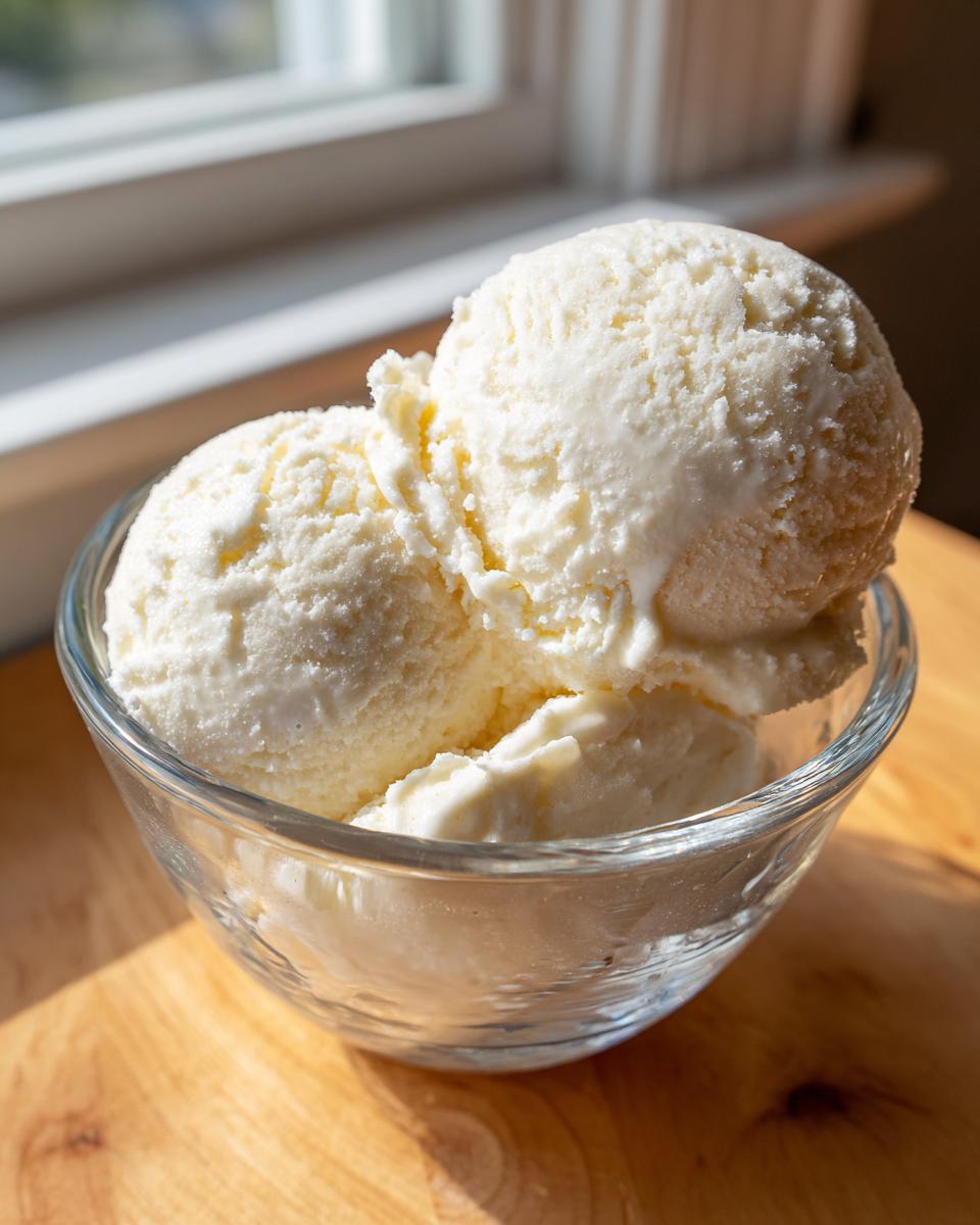 Three scoops of creamy vanilla protein ice cream melting slightly in a clear glass bowl.
