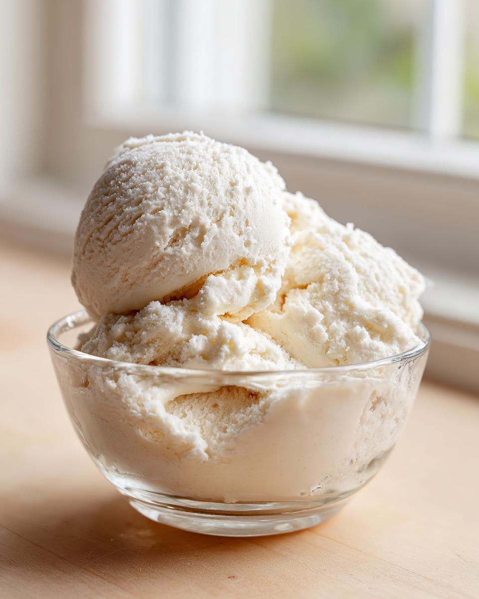Three generous scoops of creamy vanilla protein ice cream served in a clear glass bowl.