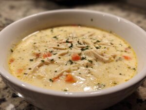 Close-up of a rich, creamy bowl of homemade cream of chicken soup, topped with shredded chicken and parsley.