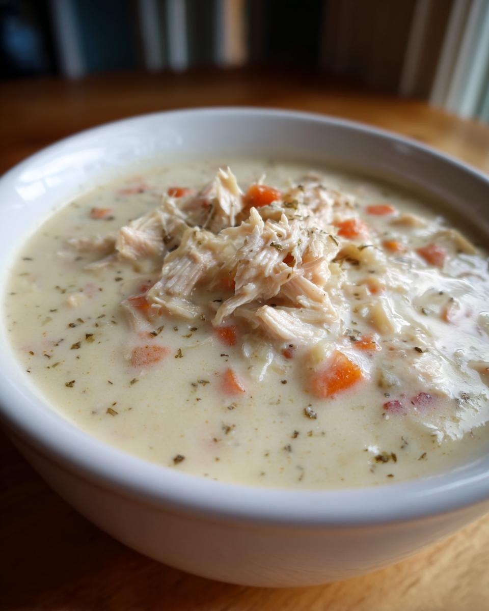 Close-up of a white bowl filled with thick, creamy cream of chicken soup topped with shredded chicken and herbs.