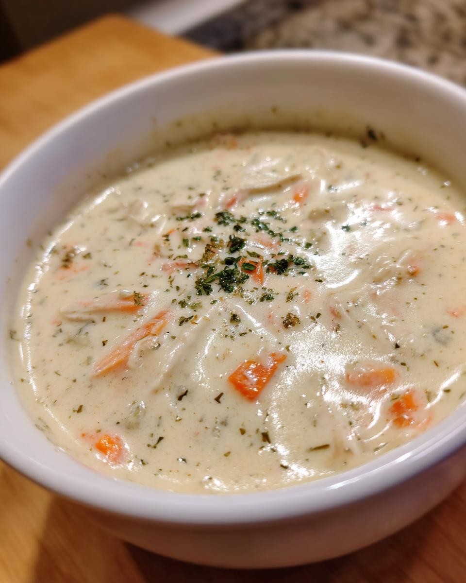Close-up of a white bowl filled with thick, creamy cream of chicken soup garnished with parsley.