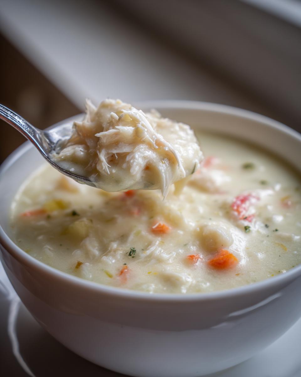 A spoonful of shredded chicken lifted from a bowl of rich, velvety cream of chicken soup with visible carrots and herbs.