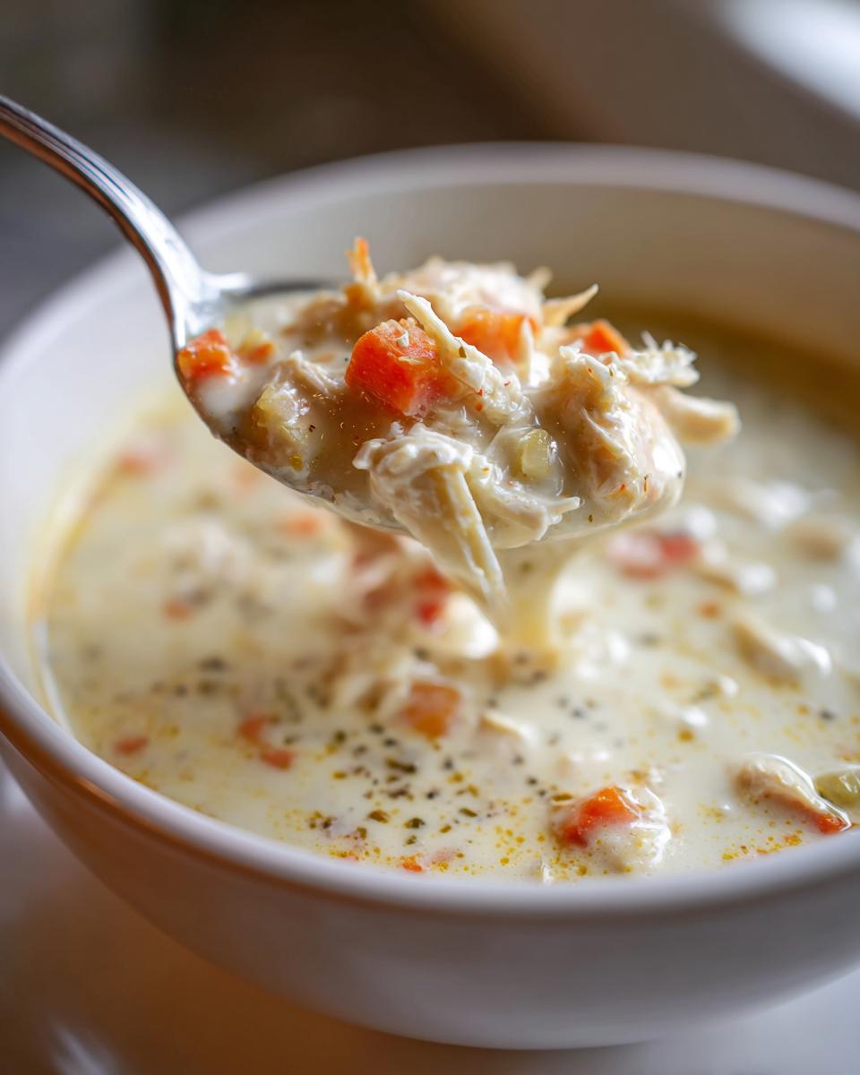 A spoonful of thick, velvety cream of chicken soup showing shredded chicken and diced carrots being lifted from a white bowl.