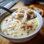 A spoonful of rich, velvety cream of chicken soup, loaded with shredded chicken and vegetables, lifted from a white bowl.