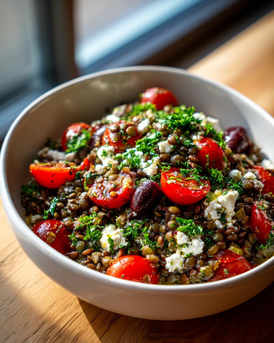 Close-up of a vibrant lentil salad in a white bowl, featuring lentils, halved cherry tomatoes, feta cheese, and fresh parsley.