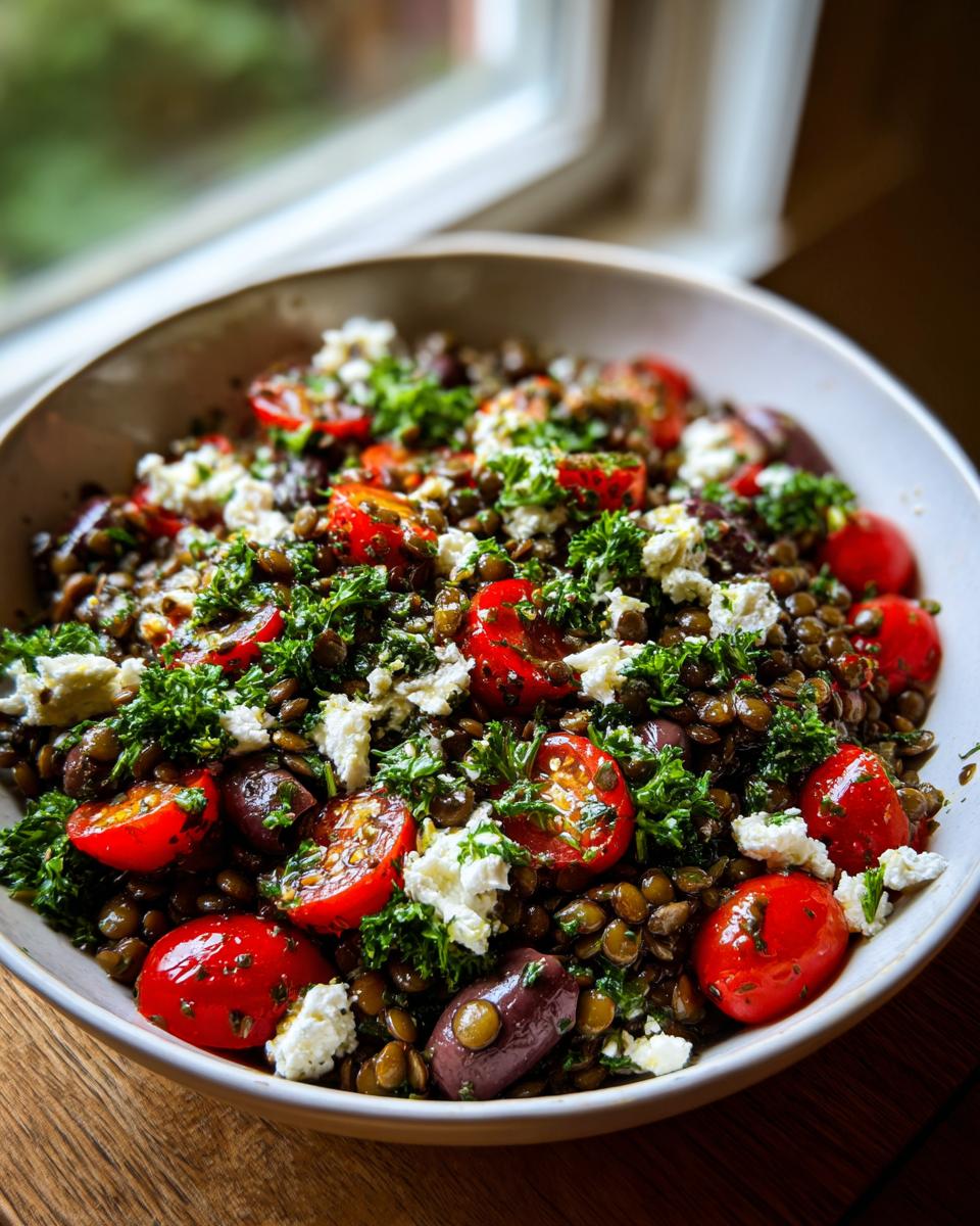 Close-up of a vibrant lentil salad mixed with halved cherry tomatoes, feta cheese crumbles, olives, and fresh parsley.