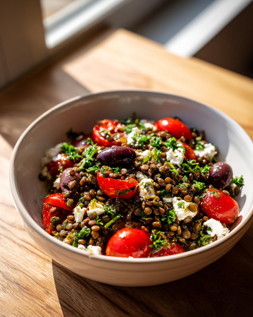 Close-up of a vibrant lentil salad featuring brown lentils, halved cherry tomatoes, Kalamata olives, and crumbled feta cheese.