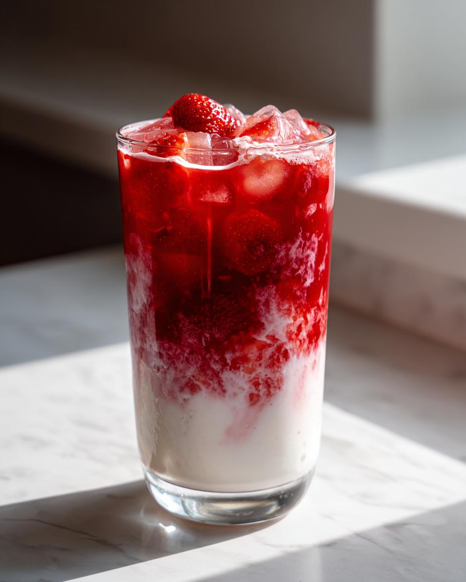 A tall glass filled with layered strawberry milk, featuring white milk at the bottom and vibrant red strawberry puree and ice cubes on top.
