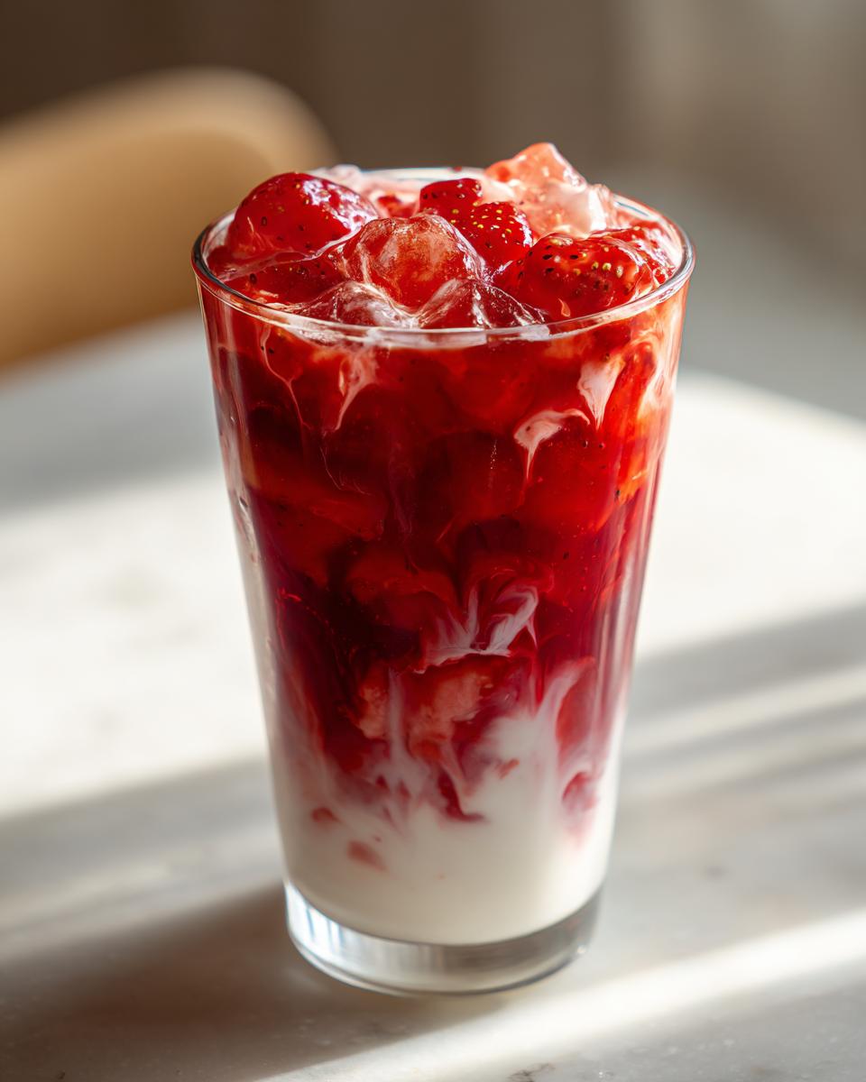 Close-up of homemade strawberry milk showing swirls of red strawberry puree mixing into white milk over ice.