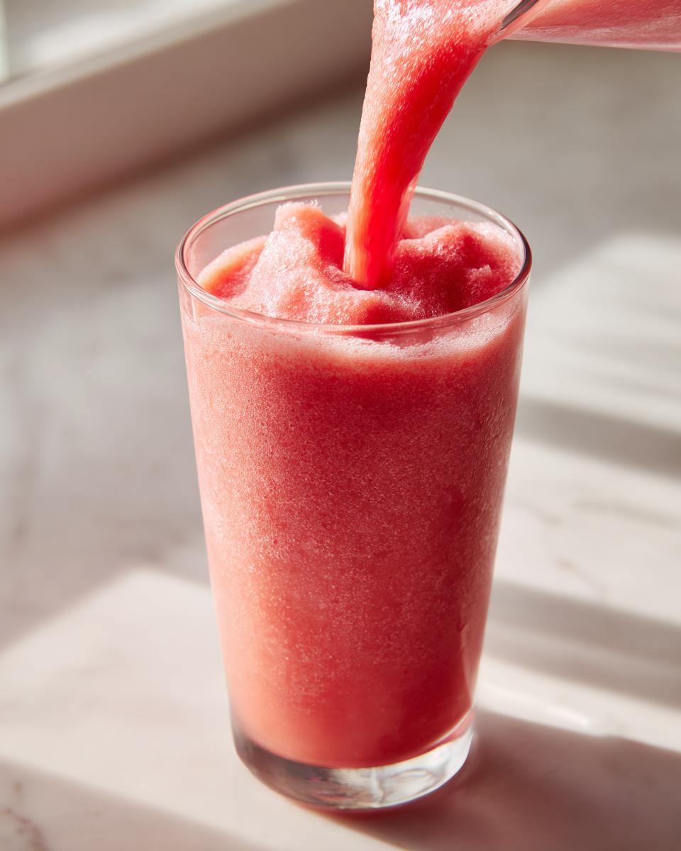 Close-up of a bright pink watermelon smoothie being poured from a pitcher into a tall glass.