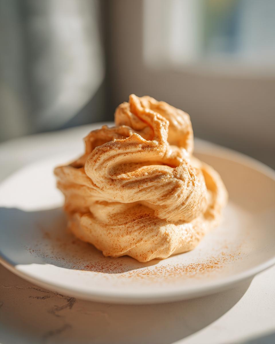 A beautiful swirl of whipped cinnamon butter, dusted lightly with ground cinnamon, served on a white plate.