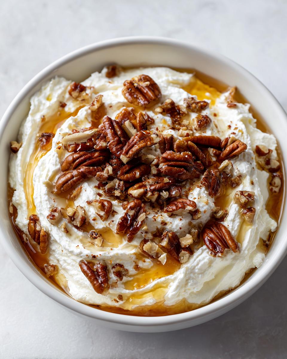 A bowl of creamy whipped goat cheese drizzled with honey and topped with toasted pecans.