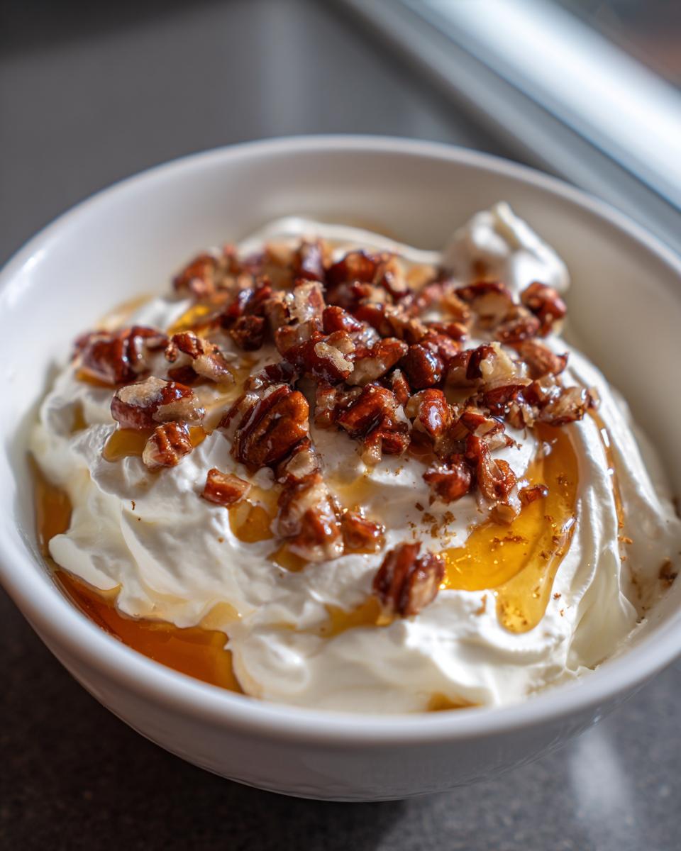 A white bowl filled with creamy whipped goat cheese, drizzled with honey and topped with candied pecans.