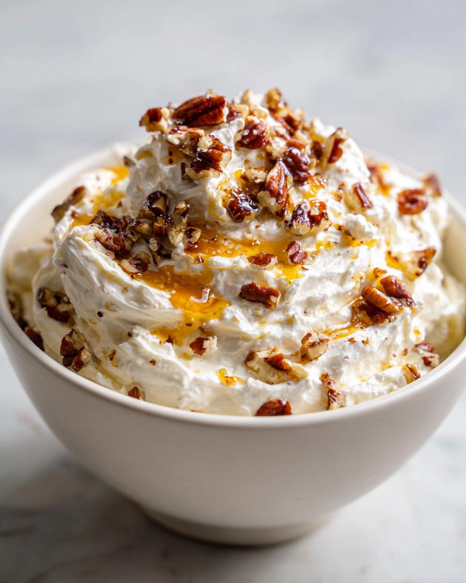 A bowl of creamy whipped goat cheese topped with drizzled honey and chopped pecans.