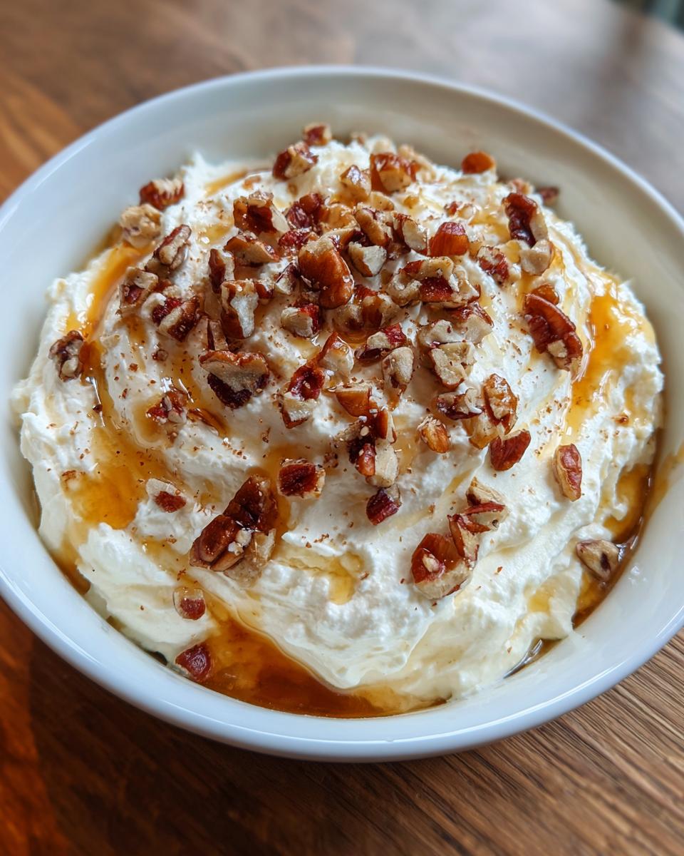 A bowl of creamy whipped goat cheese topped generously with chopped pecans and drizzled with honey.