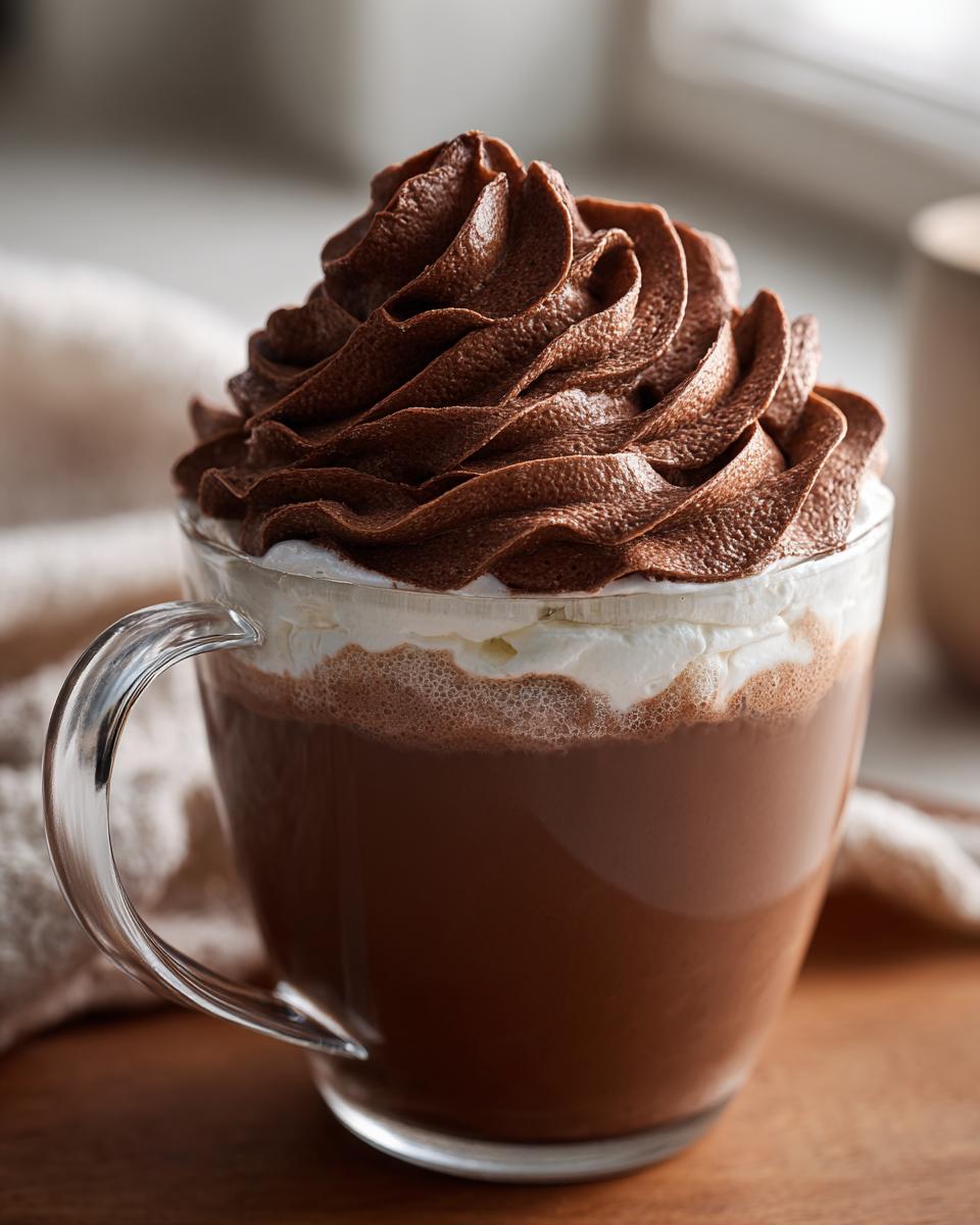 Close-up of a glass mug filled with rich hot chocolate topped with whipped cream and a dramatic swirl of chocolate whipped hot chocolate.