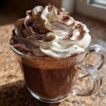 A clear glass mug filled with rich hot chocolate, topped high with perfectly piped whipped cream and cocoa powder, ready for enjoying whipped hot chocolate.