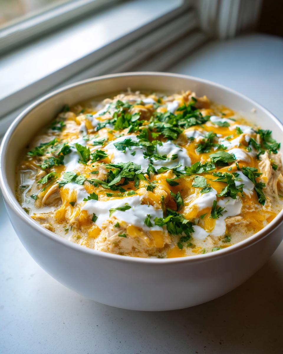 A white bowl filled with creamy chicken chili, topped with melted cheese, sour cream, and fresh cilantro.