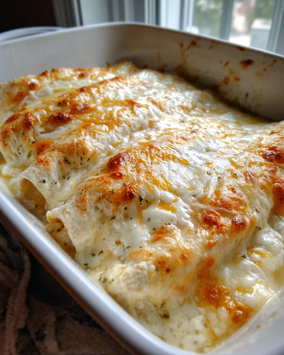 Close-up of freshly baked white chicken enchiladas covered in melted, bubbly white and golden cheese sauce.