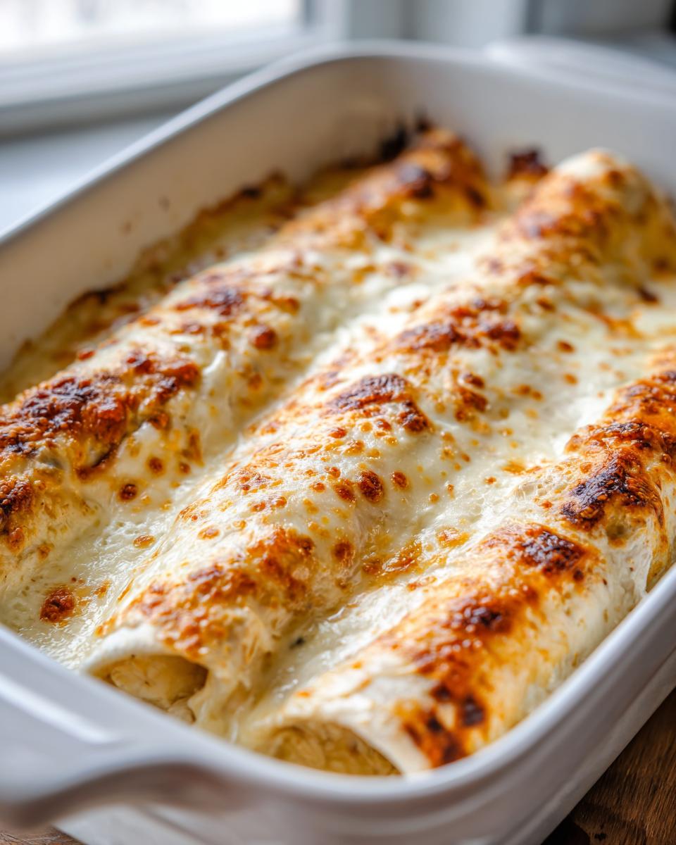 Close-up of freshly baked white chicken enchiladas covered in melted, bubbly, and slightly browned cheese sauce.