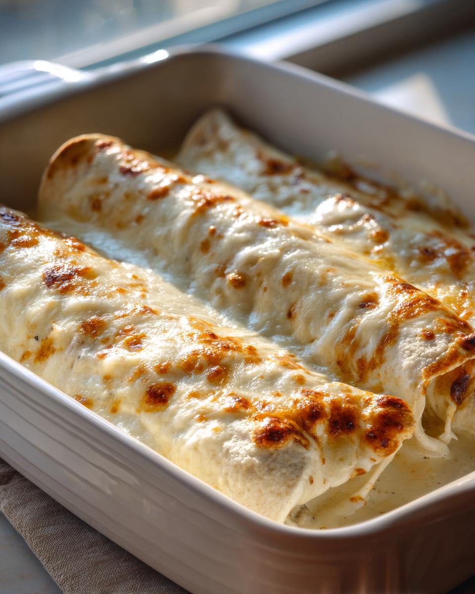 Close-up of three baked white chicken enchiladas covered in bubbly, browned white sauce and cheese.