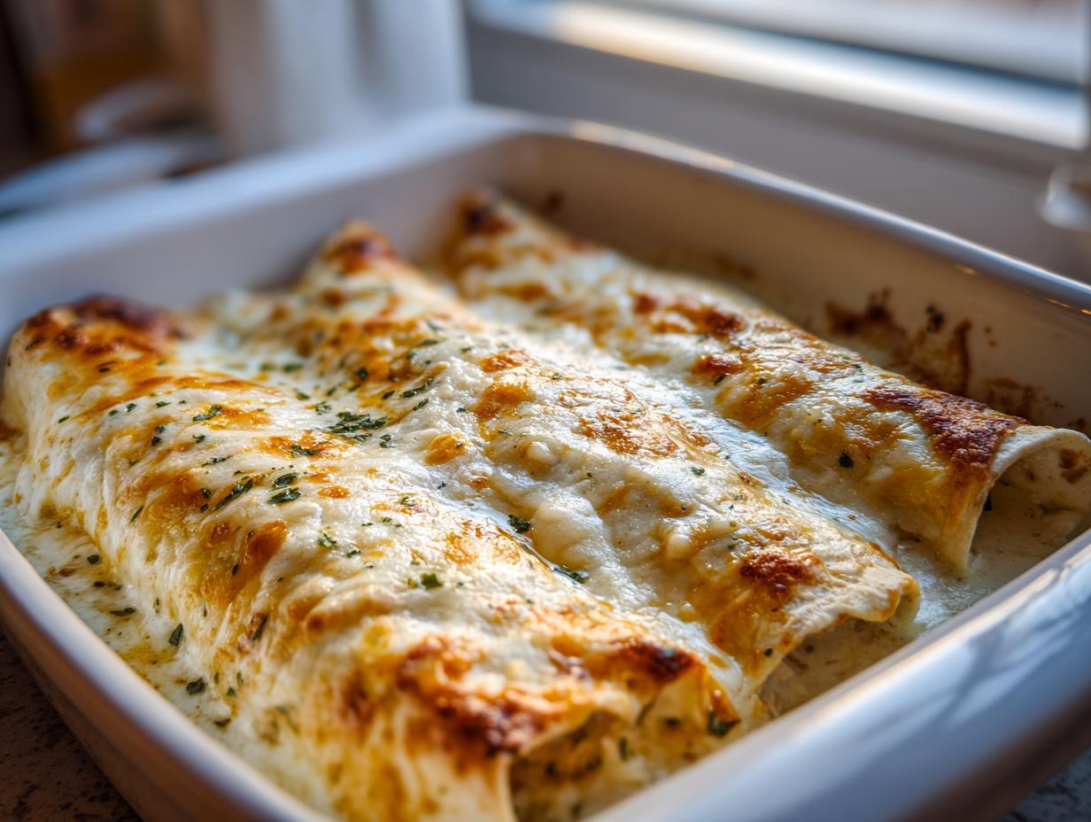 Close-up of three freshly baked white chicken enchiladas covered in melted, bubbly cheese and sprinkled with herbs.