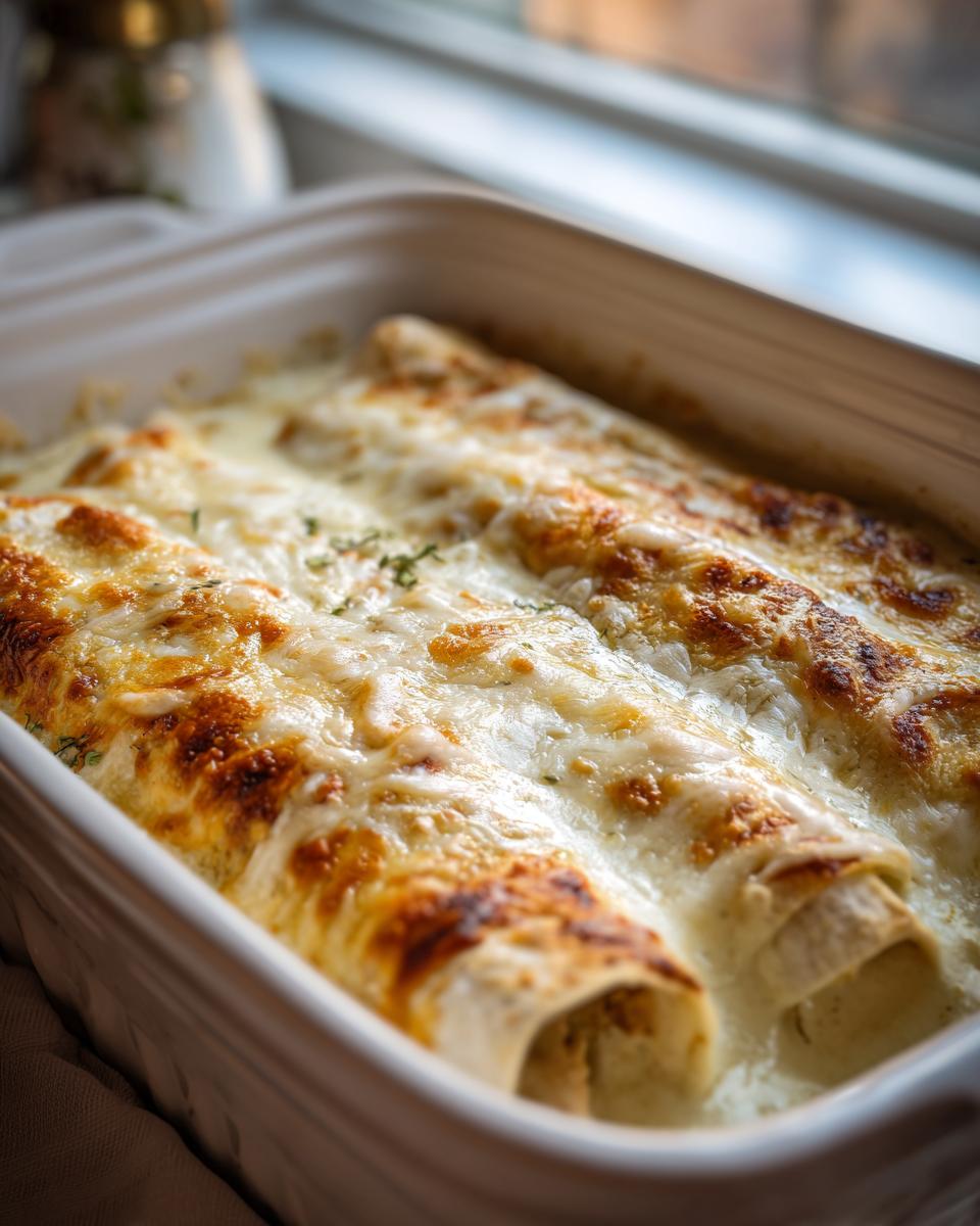 Close-up of freshly baked white chicken enchiladas covered in melted, bubbly cheese.