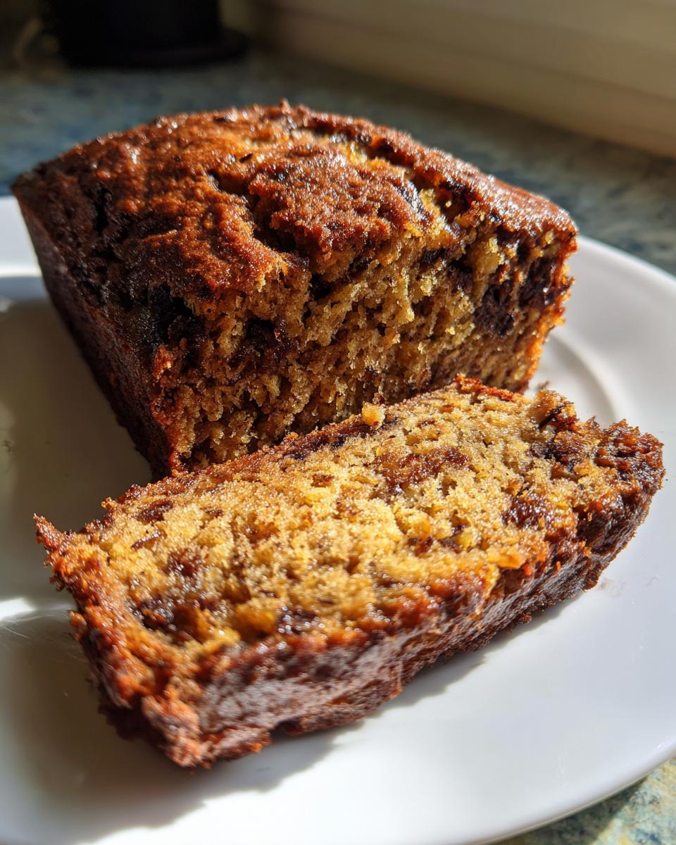 A close-up of a moist slice cut from a loaf of zucchini banana bread, showing its rich brown color.