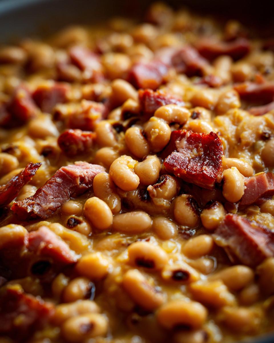 A close-up, rich photo of creamy black eyed peas cooked in a savory broth with chunks of smoked ham.