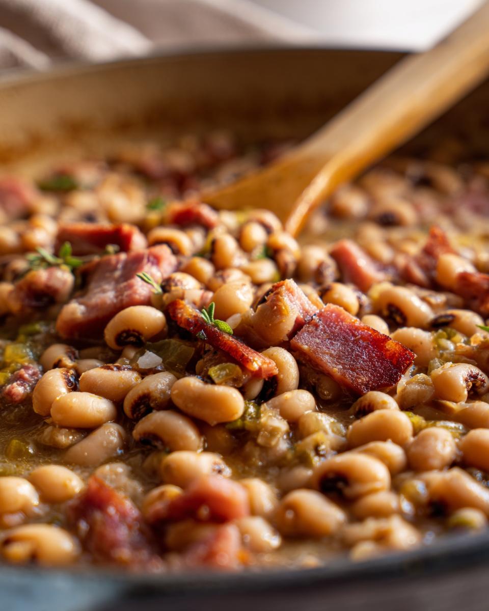 Close-up of creamy, savory black eyed peas cooked in a pot with chunks of smoked ham and herbs.