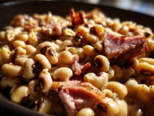 Close-up, macro shot of creamy black eyed peas cooked with chunks of smoked ham.