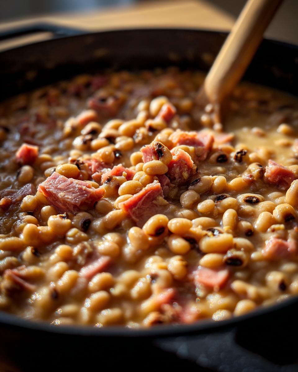 Close-up shot of creamy, savory black eyed peas cooked with chunks of ham in a dark pot.