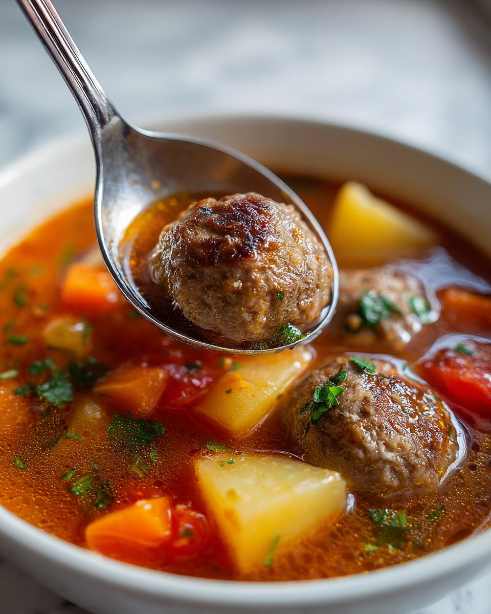 A spoonful lifts a browned meatball from a bowl of rich, tomato-based albondigas soup with chunks of potato and carrot.