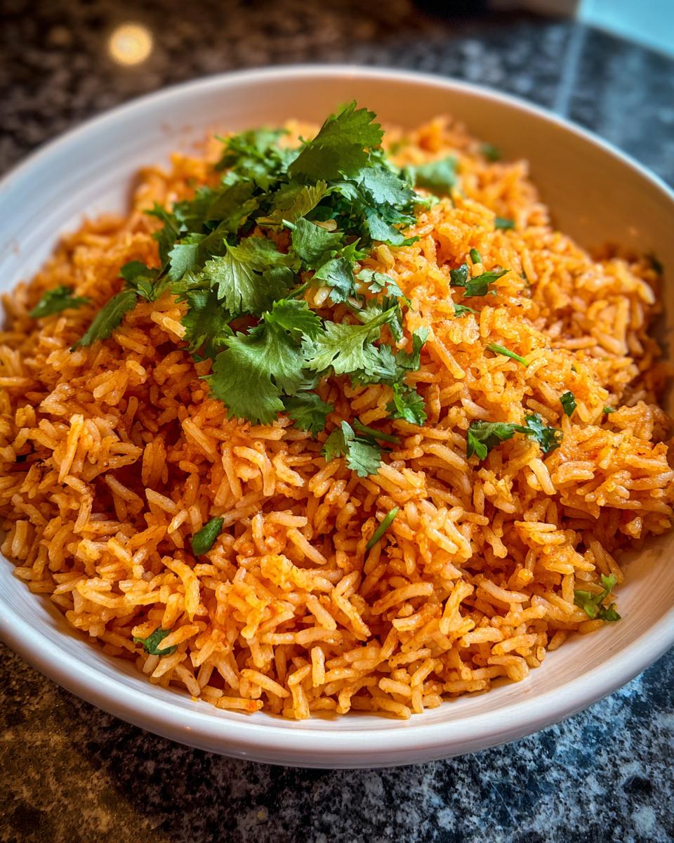 A close-up of a bowl filled with vibrant orange Spanish rice, topped generously with fresh cilantro.