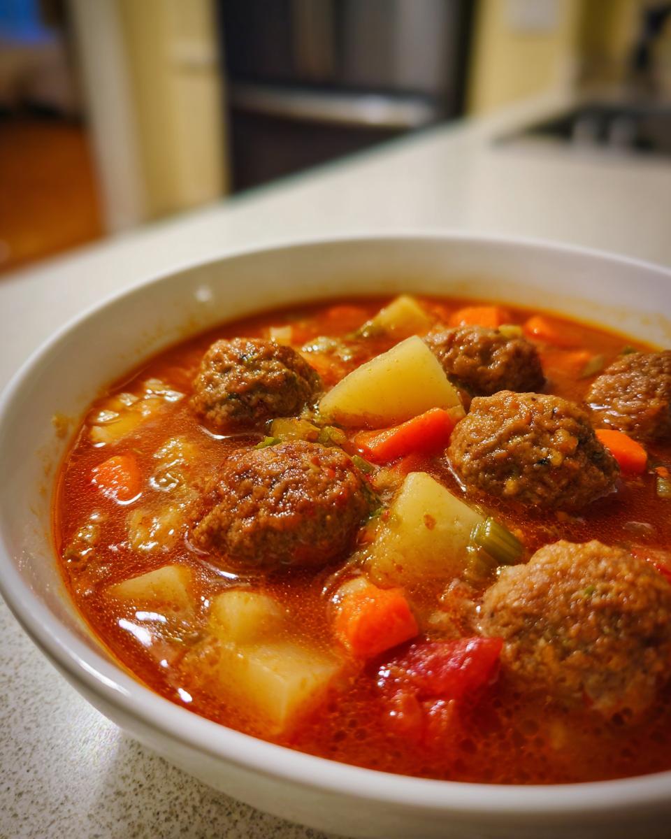 Close-up of a white bowl filled with rich, red broth albondigas soup, featuring meatballs, potatoes, and carrots.