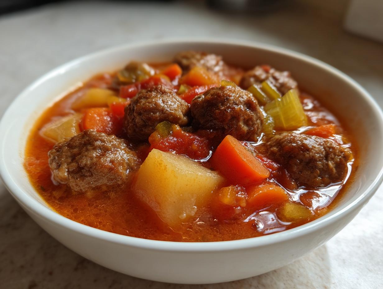 Close-up of a white bowl filled with rich, red albondigas soup featuring meatballs, carrots, and potatoes.
