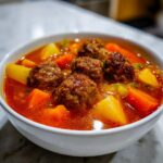 Close-up of a white bowl filled with rich, red broth albondigas soup featuring large meatballs and chunks of potato and carrot.