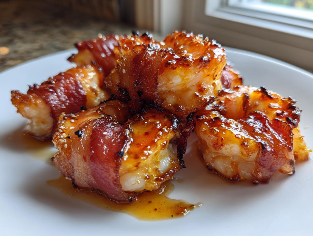 Close-up of perfectly cooked, glazed bacon wrapped shrimp piled on a white plate.