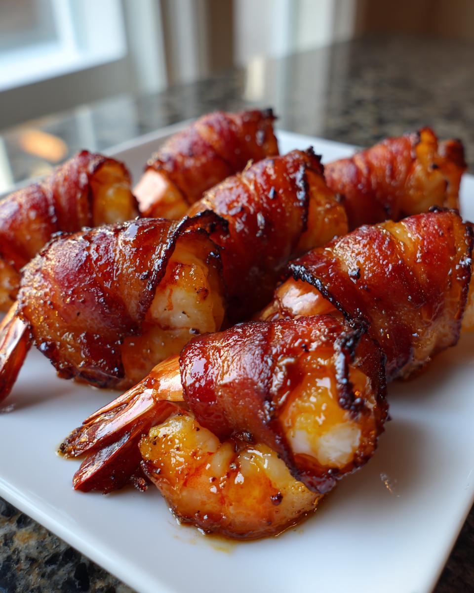 Close-up of several perfectly cooked, glazed bacon wrapped shrimp served on a white plate.