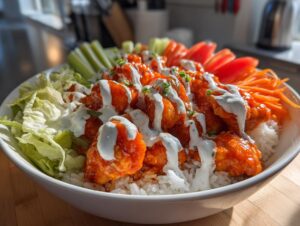A close-up of a vibrant buffalo chicken bowl featuring saucy chicken pieces over rice, drizzled with ranch dressing, and surrounded by fresh veggies.