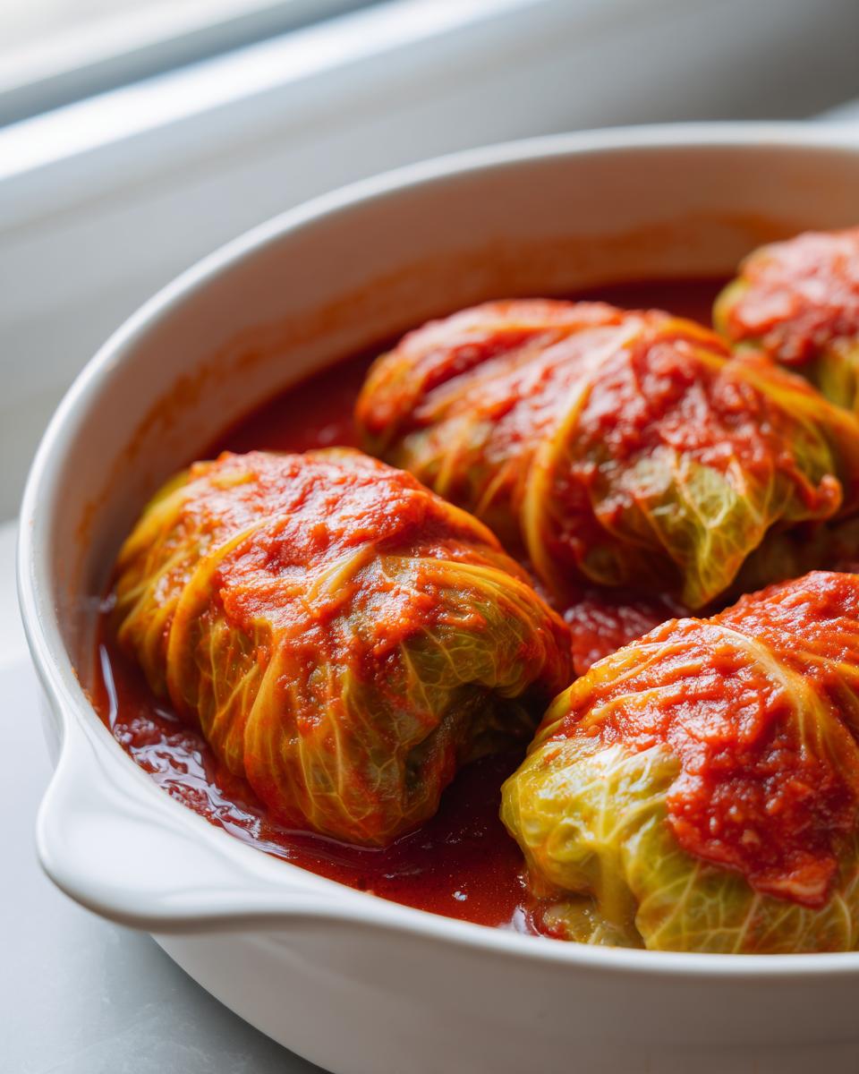 Close-up of several tender cabbage rolls covered in rich tomato sauce, nestled in a white baking dish.