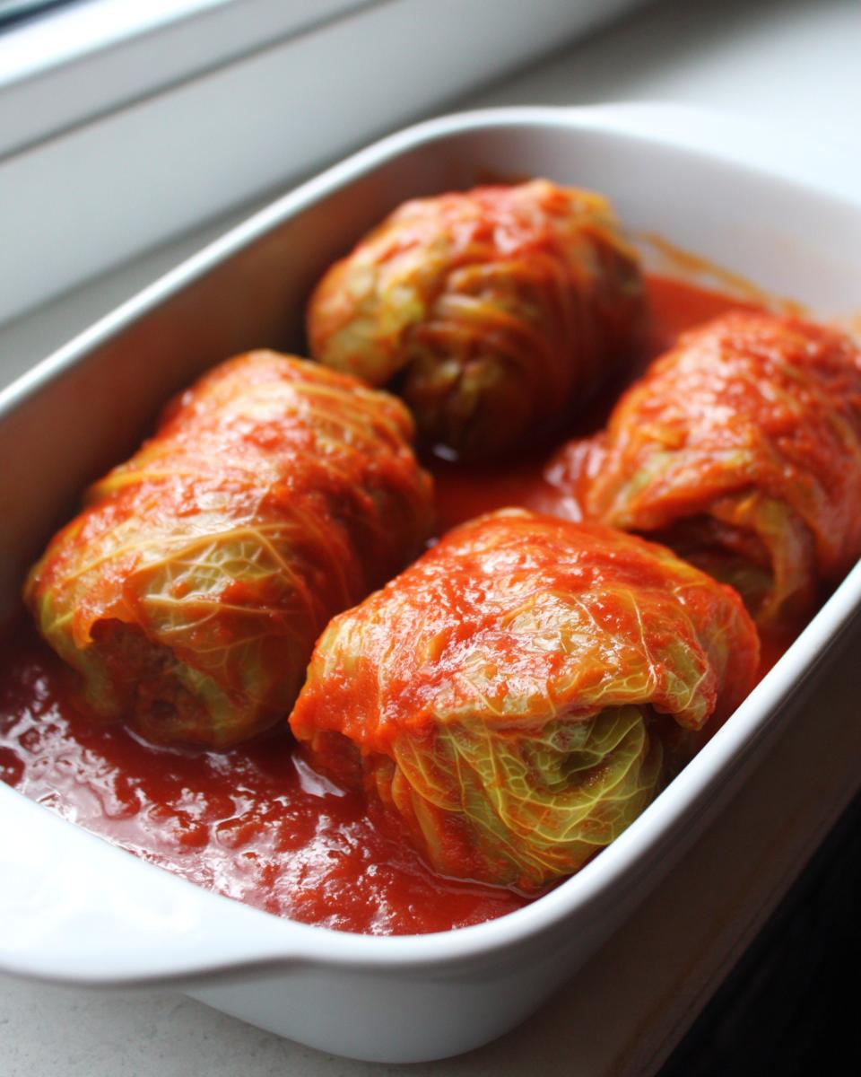 Four homemade cabbage rolls nestled in a white baking dish covered with rich tomato sauce.